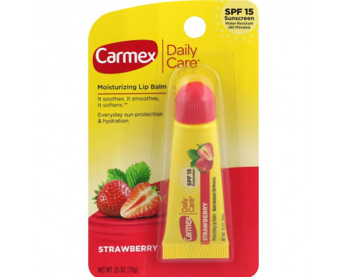 Carmex, Daily Care, Moisturizing Lip Balm, Strawberry SPF 15 - Бальзам-блеск для губ с ароматом клубники,, 10 g